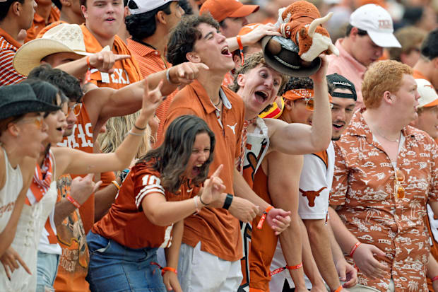 Texas Longhorns fans celebrating on Sep. 6, 2025, at Darrell K Royal-Texas Memorial Stadium in Austin, Texas.
