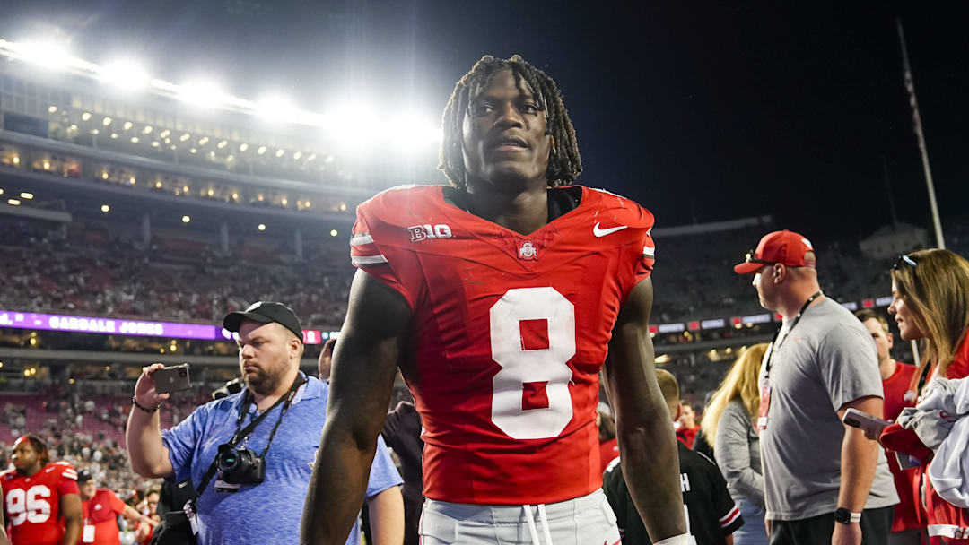 Ohio State Buckeyes linebacker Arvell Reese (8) leaves the field following the NCAA football game against the Ohio Bobcats at Ohio Stadium on Sept. 13, 2025. Ohio State won 37-9.