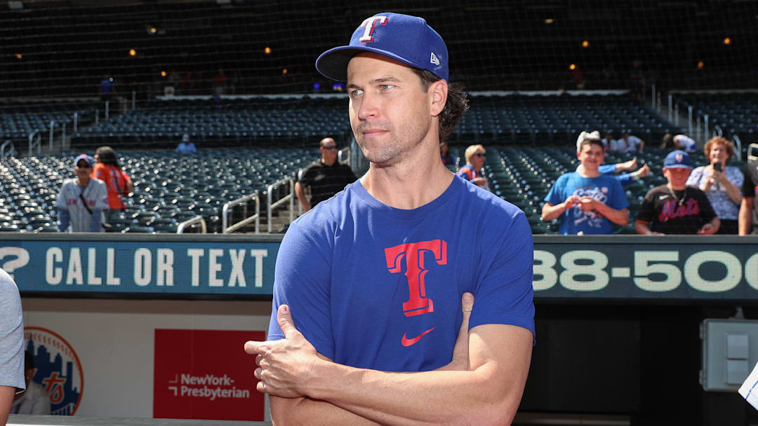Sep 13, 2025; New York City, New York, USA;  Texas Rangers pitcher Jacob deGrom prior to the Mets Alumni Game at Citi Field. 