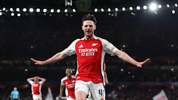 Declan Rice celebrating his second goal in Arsenal FC v Real Madrid C.F. - UEFA Champions League 2024/25 Quarter Final First Leg