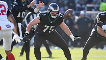 Jan 5, 2025; Philadelphia, Pennsylvania, USA; Philadelphia Eagles offensive tackle Jack Driscoll (75) against the New York Giants at Lincoln Financial Field. Mandatory Credit: Eric Hartline-Imagn Images