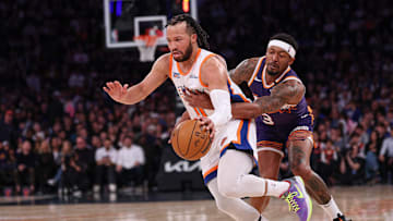Apr 6, 2025; New York, New York, USA; New York Knicks guard Jalen Brunson (11) is fouled by Phoenix Suns guard Bradley Beal (3) during the second half at Madison Square Garden. Mandatory Credit: Vincent Carchietta-Imagn Images