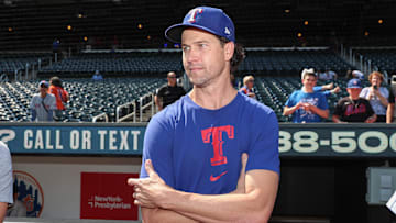 Sep 13, 2025; New York City, New York, USA;  Texas Rangers pitcher Jacob deGrom prior to the Mets Alumni Game at Citi Field. 