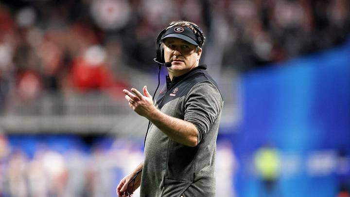 Dec 31, 2022; Atlanta, Georgia, USA; Georgia Bulldogs head coach Kirby Smart looks on against the Ohio State Buckeyes during the second half of the 2022 Peach Bowl at Mercedes-Benz Stadium. Mandatory Credit: Brett Davis-Imagn Images