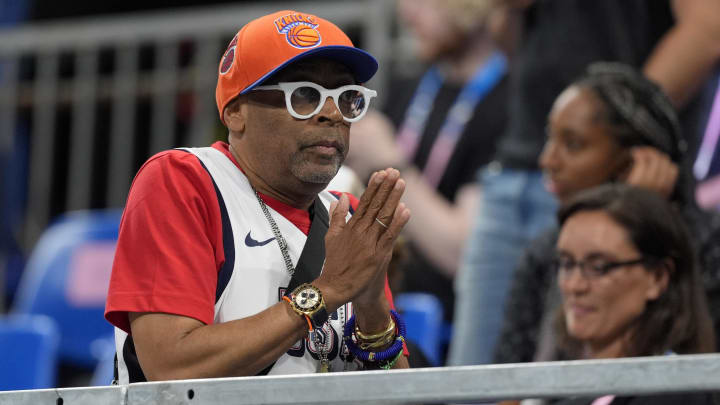 Jul 31, 2024; Villeneuve-d'Ascq, France; Spike Lee supporting the USA in the first quarter against South Sudan during the Paris 2024 Olympic Summer Games at Stade Pierre-Mauroy. Mandatory Credit: John David Mercer-USA TODAY Sports