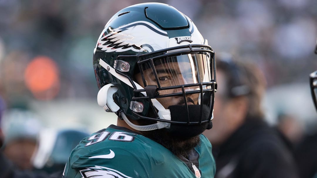 Nov 26, 2017; Philadelphia, PA, USA; Philadelphia Eagles defensive end Derek Barnett (96) during the second quarter against the Chicago Bears at Lincoln Financial Field. Mandatory Credit: Bill Streicher-Imagn Images