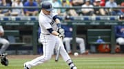 Seattle Mariners third baseman Zach Vincej hits an RBI single against the Houston Astros on Aug. 1, 2018, at Safeco Field.