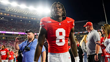 Ohio State Buckeyes linebacker Arvell Reese (8) leaves the field following the NCAA football game against the Ohio Bobcats at Ohio Stadium on Sept. 13, 2025. Ohio State won 37-9.