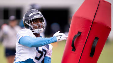 Tennessee Titans seventh-round draft pick Jaylen Harrell (92) participates in rookie minicamp at Ascension Saint Thomas Sports Park in Nashville, Tenn., Friday, May 10, 2024.
