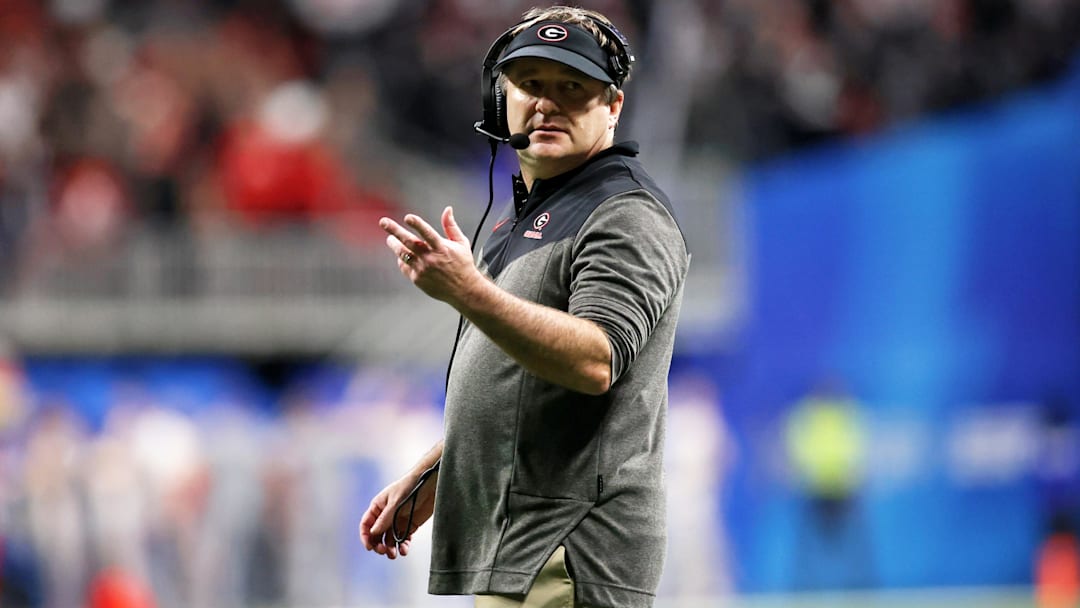 Dec 31, 2022; Atlanta, Georgia, USA; Georgia Bulldogs head coach Kirby Smart looks on against the Ohio State Buckeyes during the second half of the 2022 Peach Bowl at Mercedes-Benz Stadium. Mandatory Credit: Brett Davis-Imagn Images