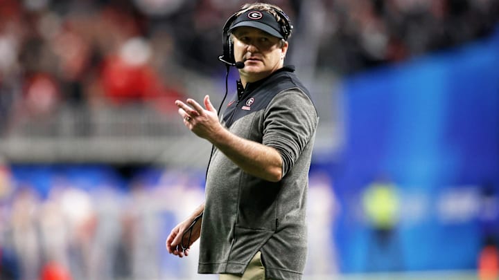 Dec 31, 2022; Atlanta, Georgia, USA; Georgia Bulldogs head coach Kirby Smart looks on against the Ohio State Buckeyes during the second half of the 2022 Peach Bowl at Mercedes-Benz Stadium. Mandatory Credit: Brett Davis-Imagn Images