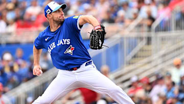 Feb 25, 2025; Dunedin, Florida, USA; Toronto Blue Jays starting pitcher Max Scherzer (31) throws a pitch in the first inning against the St. Louis Cardinals during spring training at TD Ballpark. Mandatory Credit: Jonathan Dyer-Imagn Images