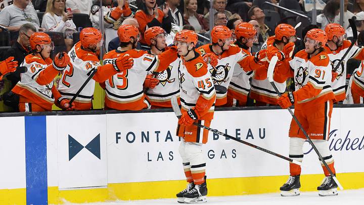 Oct 2, 2026; Las Vegas, Nevada, USA;  Anaheim Ducks right wing Beckett Sennecke (45) celebrates his goal against the Vegas Golden Knights in the first period at T-Mobile Arena.  Mandatory Credit: Boz Bloom-Imagn Images