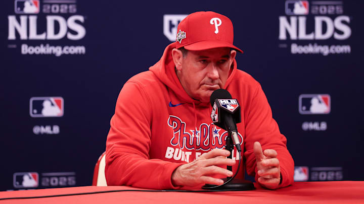 Oct 4, 2025; Philadelphia, Pennsylvania, USA; Philadelphia Phillies manager Rob Thomson speaks with the media before game one of the NLDS round of the 2025 MLB playoffs against the Los Angeles Dodgers at Citizens Bank Park.