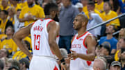 April 30, 2019; Oakland, CA, USA; Houston Rockets guard James Harden (13) talks to guard Chris Paul (3) during the third quarter in game two of the second round of the 2019 NBA Playoffs against the Golden State Warriors at Oracle Arena. The Warriors defeated the Rockets 115-109. Mandatory Credit: Kyle Terada-Imagn Images