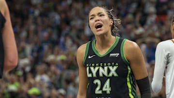 Minnesota Lynx forward Napheesa Collier (24) celebrates after defeating the Phoenix Mercury during game one of the second round for the 2025 WNBA Playoffs at Target Center. 