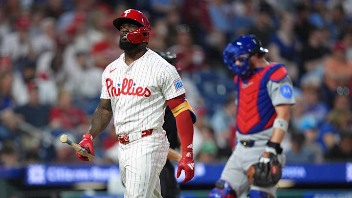 Apr 14, 2026; Philadelphia, Pennsylvania, USA; Philadelphia Phillies outfielder Adolis Garcia (53) reacts after striking out against the Chicago Cubs in the fourth inning at Citizens Bank Park. Mandatory Credit: Kyle Ross-Imagn Images