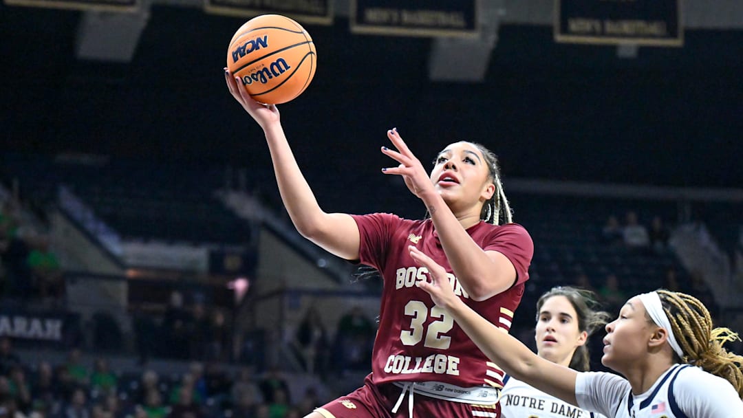 Jan 11, 2024; South Bend, Indiana; Boston College Eagles forward Teya Sidberry (32) goes up for a shot against Notre Dame Fighting Irish guard Hannah Hidalgo (3) in the first half at the Purcell Pavilion.