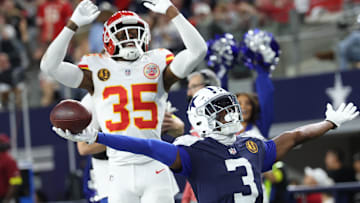 Nov 27, 2025; Arlington, Texas, USA; Dallas Cowboys wide receiver George Pickens (3) celebrates after catching a pass for a successful two-point conversion against Kansas City Chiefs cornerback Jaylen Watson (35) during the fourth quarter at AT&T Stadium.