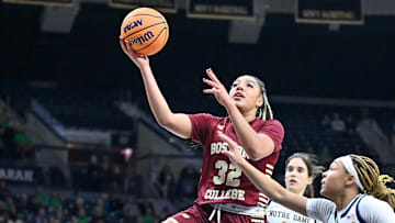Jan 11, 2024; South Bend, Indiana; Boston College Eagles forward Teya Sidberry (32) goes up for a shot against Notre Dame Fighting Irish guard Hannah Hidalgo (3) in the first half at the Purcell Pavilion.