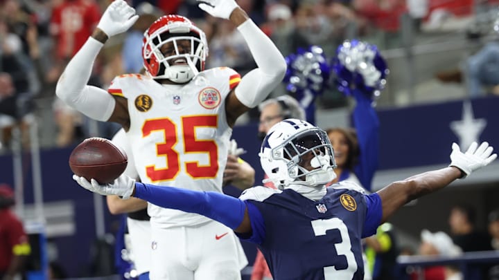 Nov 27, 2025; Arlington, Texas, USA; Dallas Cowboys wide receiver George Pickens (3) celebrates after catching a pass for a successful two-point conversion against Kansas City Chiefs cornerback Jaylen Watson (35) during the fourth quarter at AT&T Stadium.