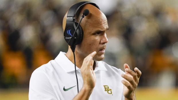 Baylor Bears head coach Dave Aranda on the sideline during a college football game in the Big 12.