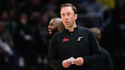 Mar 23, 2025; Cleveland, OH, USA; New Mexico Lobos head coach Richard Pitino reacts in the first half against the Michigan State Spartans during the NCAA Tournament Second Round at Rocket Arena. Mandatory Credit: Ken Blaze-Imagn Images