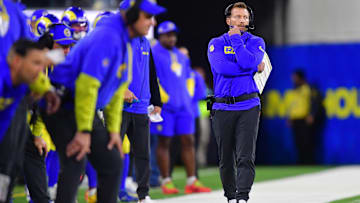Nov 24, 2024; Inglewood, California, USA; Los Angeles Rams head coach Sean McVay watches game action against the Philadelphia Eagles during the first half at SoFi Stadium. Mandatory Credit: Gary A. Vasquez-Imagn Images