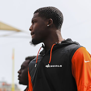 Sep 8, 2024; Cincinnati, Ohio, USA; Cincinnati Bengals wide receiver Tee Higgins (5) walks onto the field before the game against the New England Patriots at Paycor Stadium. Mandatory Credit: Katie Stratman-Imagn Images