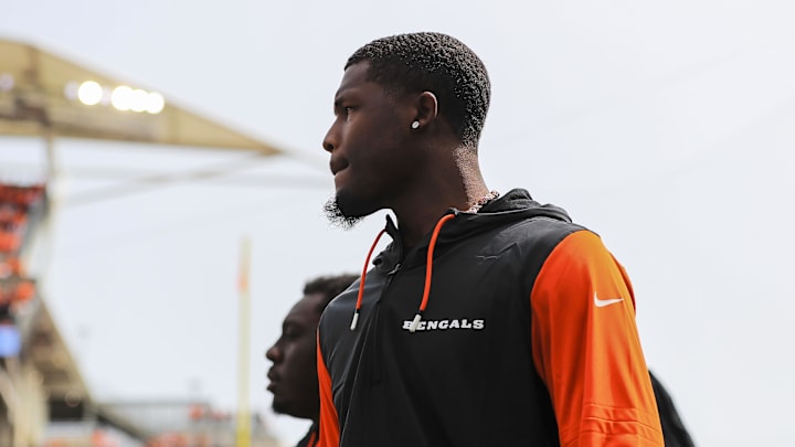 Sep 8, 2024; Cincinnati, Ohio, USA; Cincinnati Bengals wide receiver Tee Higgins (5) walks onto the field before the game against the New England Patriots at Paycor Stadium. Mandatory Credit: Katie Stratman-Imagn Images