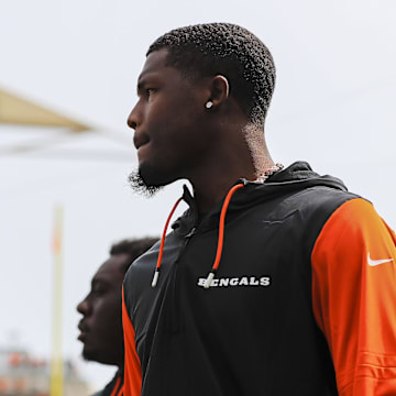 Sep 8, 2024; Cincinnati, Ohio, USA; Cincinnati Bengals wide receiver Tee Higgins (5) walks onto the field before the game against the New England Patriots at Paycor Stadium. Mandatory Credit: Katie Stratman-Imagn Images