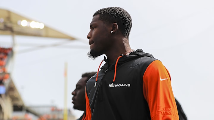 Sep 8, 2024; Cincinnati, Ohio, USA; Cincinnati Bengals wide receiver Tee Higgins (5) walks onto the field before the game against the New England Patriots at Paycor Stadium. Mandatory Credit: Katie Stratman-Imagn Images