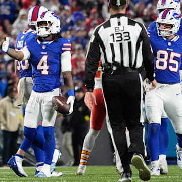 Nov 2, 2025; Orchard Park, New York, USA; Buffalo Bills running back James Cook III (4) celebrates a play in the second quarter against the Kansas City Chiefs