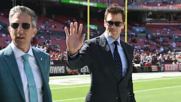 Sep 8, 2024; Cleveland, Ohio, USA; Fox Sports broadcaster Tom Brady greets fans before the game between the Cleveland Browns and the Dallas Cowboys at Huntington Bank Field. Mandatory Credit: Ken Blaze-Imagn Images