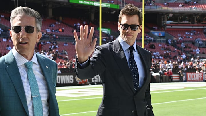 Sep 8, 2024; Cleveland, Ohio, USA; Fox Sports broadcaster Tom Brady greets fans before the game between the Cleveland Browns and the Dallas Cowboys at Huntington Bank Field. Mandatory Credit: Ken Blaze-Imagn Images