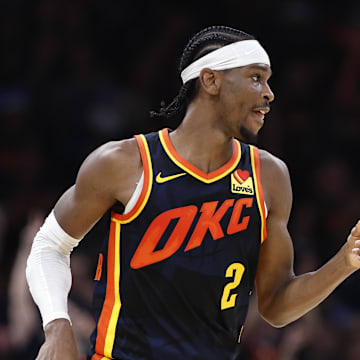 May 15, 2024; Oklahoma City, Oklahoma, USA; Oklahoma City Thunder guard Shai Gilgeous-Alexander (2) gestures after scoring against the Dallas Mavericks during the second half of game five of the second round for the 2024 NBA playoffs at Paycom Center. Mandatory Credit: Alonzo Adams-Imagn Images