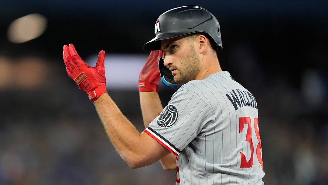 Apr 12, 2026; Toronto, Ontario, CAN; Minnesota Twins right fielder Matt Wallner (38) reacts after hitting a one run single against the Toronto Blue Jays during the third inning at Rogers Centre. Mandatory Credit: John E. Sokolowski-Imagn Images