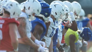Kansas football players line up during warmups at the Murfin Family Practice Fields on Aug. 8, 2025.