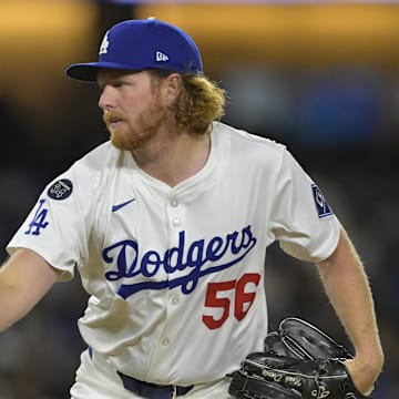 Apr 25, 2025; Los Angeles, California, USA;  Los Angeles Dodgers relief pitcher Noah Davis (56) delivers to the plate in the seventh inning Pittsburgh Pirates at Dodger Stadium. Mandatory Credit: Jayne Kamin-Oncea-Imagn Images