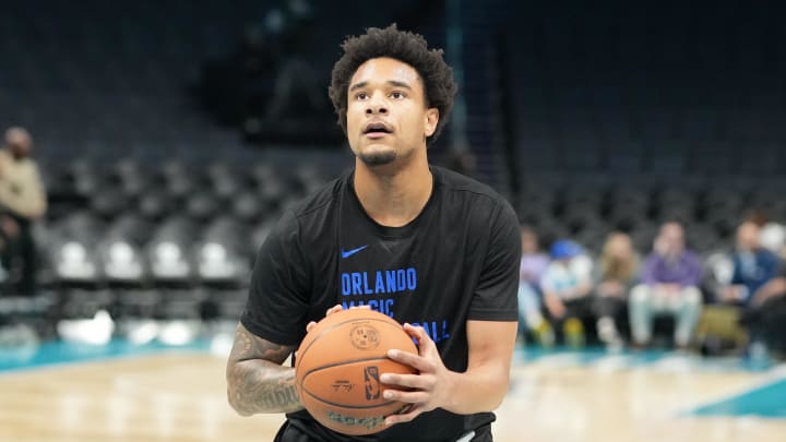 Apr 5, 2024; Charlotte, North Carolina, USA; Orlando Magic forward Chuma Okeke (3) warms up before the game against the Charlotte Hornets at Spectrum Center. Mandatory Credit: Jim Dedmon-USA TODAY Sports