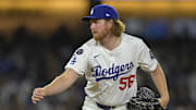 Apr 25, 2025; Los Angeles, California, USA;  Los Angeles Dodgers relief pitcher Noah Davis (56) delivers to the plate in the seventh inning Pittsburgh Pirates at Dodger Stadium. Mandatory Credit: Jayne Kamin-Oncea-Imagn Images