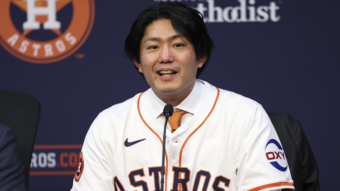 Jan 5, 2026; Houston, TX, USA; Houston Astros pitcher Tatsuya Imai talks during a press conference at Daikin Park. 