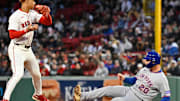 May 21, 2025; Boston, Massachusetts, USA; (Editors Notes: Caption Correction)  Boston Red Sox second baseman Kristian Campbell (28) forces out New York Mets first baseman Pete Alonso (20) during the fourth inning at Fenway Park. Mandatory Credit: Eric Canha-Imagn Images
