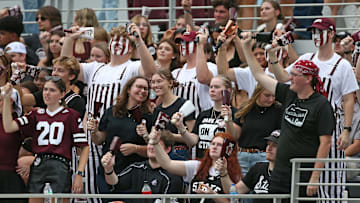Sep 6, 2025; Starkville, Mississippi, USA; Mississippi State Bulldogs fans ring their cowbells during warm ups prior to the game against the Arizona State Sun Devils at Davis Wade Stadium at Scott Field. Mandatory Credit: Petre Thomas-Imagn Images