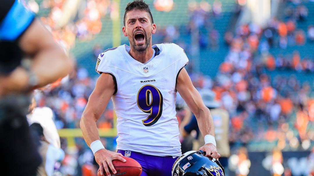 Oct 6, 2024; Cincinnati, Ohio, USA; Baltimore Ravens kicker Justin Tucker (9) reacts after the victory over the Cincinnati Bengals at Paycor Stadium. Mandatory Credit: Katie Stratman-Imagn Images