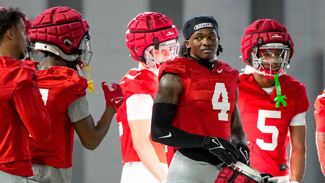 Ohio State Buckeyes wide receiver Jeremiah Smith (4) watches during spring football practice at the Woody Hayes Athletic Center on March 17, 2025.