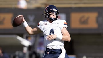 Nov 1, 2025; Berkeley, California, USA; Virginia Cavaliers quarterback Chandler Morris (4) warms up before the game against the California Golden Bears at California Memorial Stadium. Mandatory Credit: D. Ross Cameron-Imagn Images