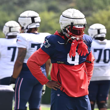 Aug 03, 2024; Foxborough, MA, USA; New England Patriots linebacker Matthew Judon (9) waits to do a drill during training camp at Gillette Stadium. Mandatory Credit: Eric Canha-USA TODAY Sports