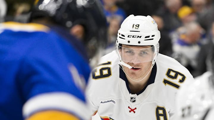Feb 6, 2025; St. Louis, Missouri, USA;  Florida Panthers left wing Matthew Tkachuk (19) looks on during the first period against the St. Louis Blues at Enterprise Center. Mandatory Credit: Jeff Curry-Imagn Images