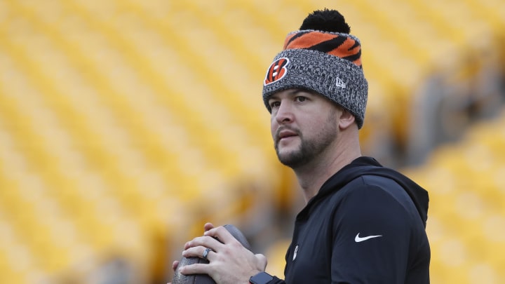 Dec 23, 2023; Pittsburgh, Pennsylvania, USA;  Cincinnati Bengals quarterback AJ McCarron (4) warms up before the game against the Pittsburgh Steelers at Acrisure Stadium. Mandatory Credit: Charles LeClaire-USA TODAY Sports